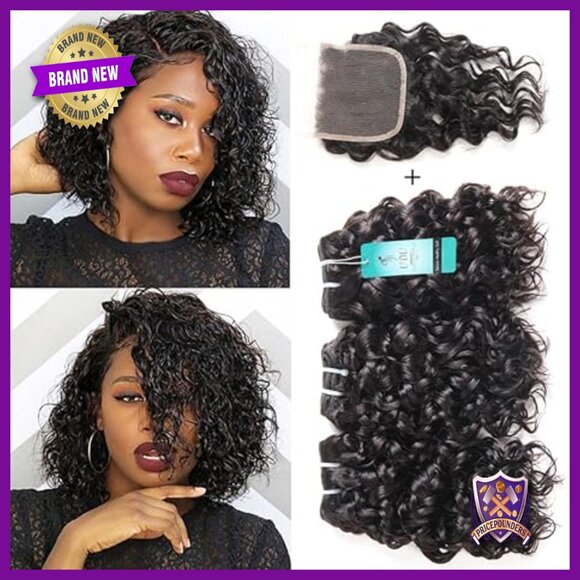 8 Inch Water Wave Human Hair Bundles with Lace Closure Extensions main image 4